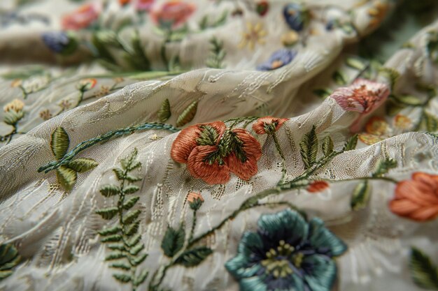 haftowane kwiaty na lnianej tkaninie